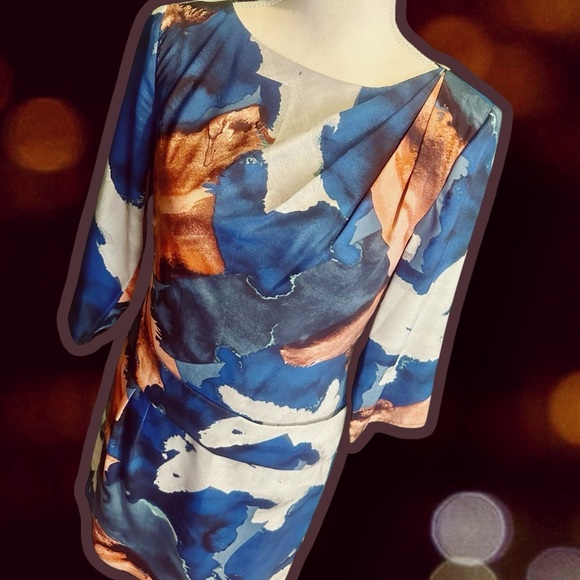 NWOT Vince Camuto Blue & Copper Abstract Watercolor Print Pleated Shift Dress 8 - Picture 13 of 15